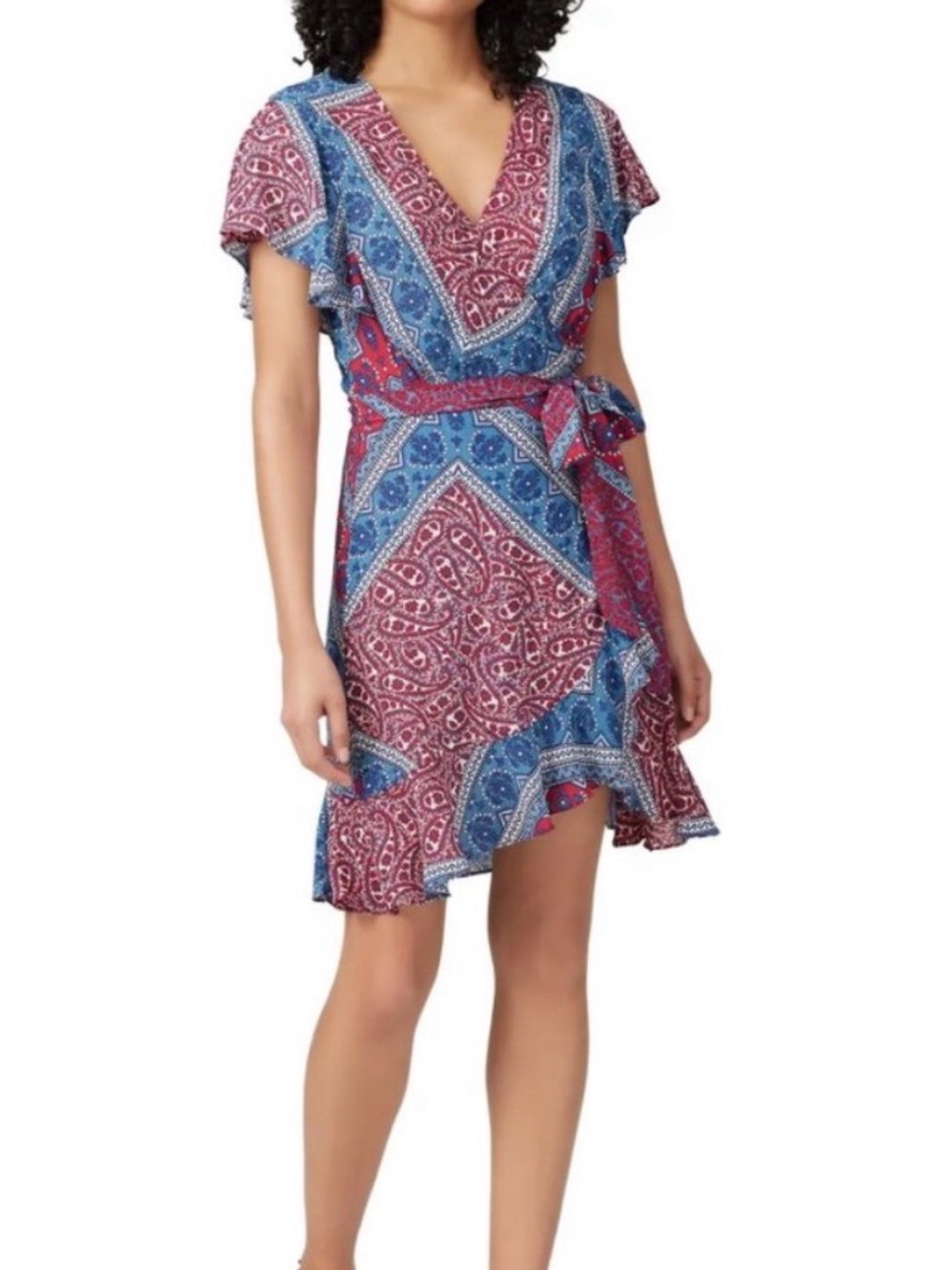 ba&sh XO Red and Blue Success Wrap Dress with Tie Waist - M